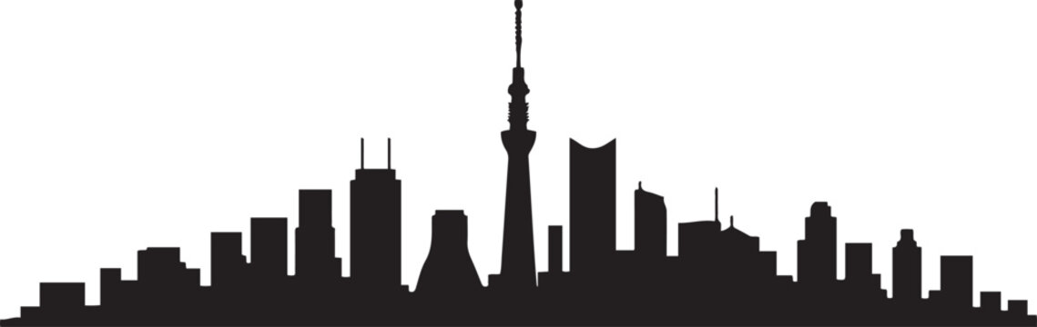 Tokyo Skyline Silhouette with Japan Cityscape. black icon drawing vector
