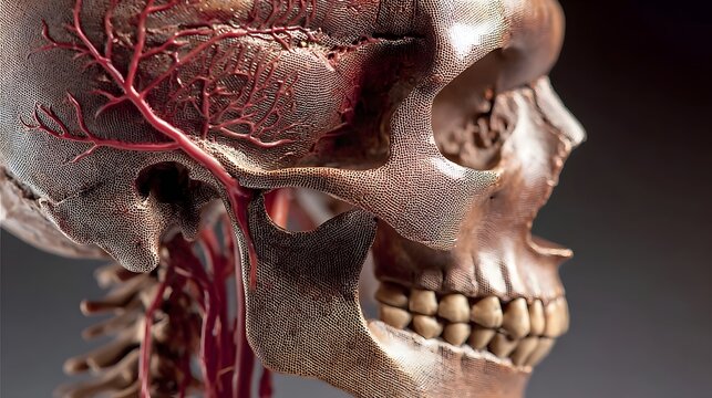 Closeup of a highly detailed and textured human skull with striking red vascular structures contrasting against the gritty  abre bone and teeth