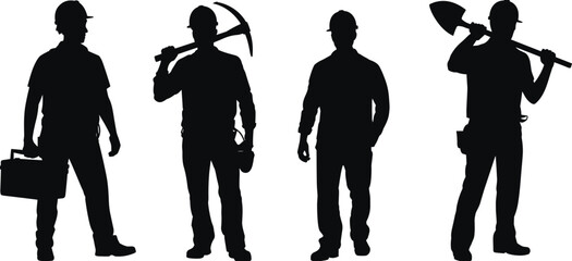 Construction workers with toolbox, pickaxe and shovel silhouettes set, industrial labor and building repair concept vector illustration isolated on white background © SREECHNA
