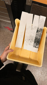 Holding Strips of Printed Images in a Yellow Tray at a Workshop