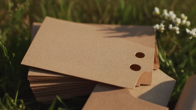 Brown Kraft Paper Tags And Envelopes On Green Grass