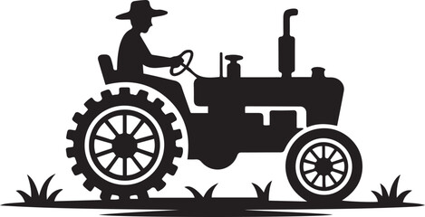 Silhouette of a farmer driving an old fashioned tractor through a field. black icon drawing vector