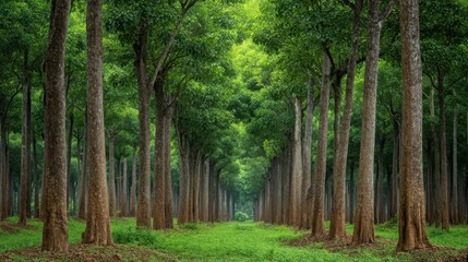Fototapeta premium Lush Green Forest Pathway Surrounded by Tall Trees and Vibrant Foliage in Tranquil Nature Environment Capturing Serenity and Natural Beauty