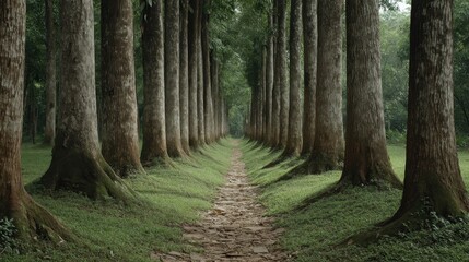 Serene Pathway Through Tall Trees and Lush Greenery in a Peaceful Forest Setting for Nature Lovers and Outdoor Aficionados to Enjoy and Explore