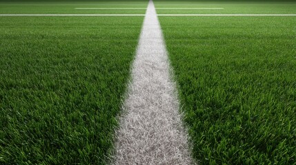 Close-Up View of White Line Marking on Fresh Green Grass of Sports Field with Symmetrical Background and Clear Sky Above for Athletic Purposes