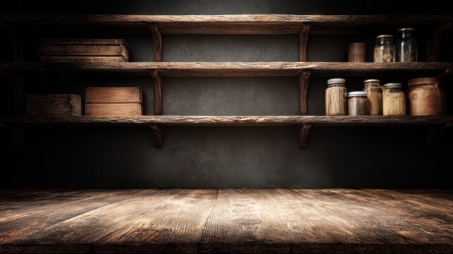 Rustic wooden shelves with various jars and wooden boxes on a dark background, perfect for kitchen or pantry settings and home decor inspiration
