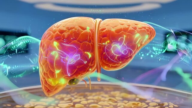 Animated liver processing lipids over golden reservoir showing metabolic activity and bile flow in advanced lab environment, colorful enzyme activity overlays and diagnostic controls
