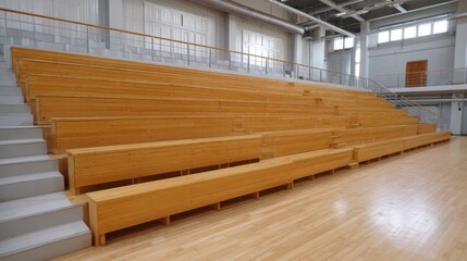 Wooden Bleachers in Modern Gymnasium with Minimalist Design Offering Spacious and Comfortable Seating Arrangements for Spectators and Teams