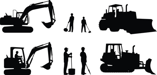 Heavy construction machinery and worker silhouettes set, excavator and bulldozer operators with shovel tools, industrial equipment vector illustration isolated on white © SreePobitra