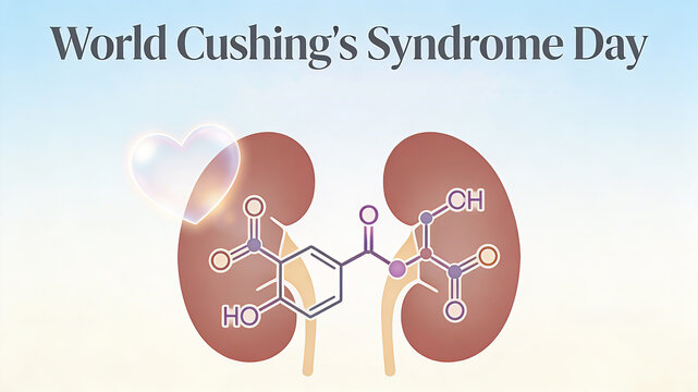 The kidney pattern, combined with chemical formulas and heart-shaped elements, represents the scene of World Cushing's Syndrome Day disease popularization, patient care, and health advocacy.
