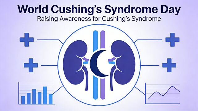 The kidney pattern, combined with medical crosses and data chart elements, represents World Cushing's Syndrome Day disease popularization, group attention, and public welfare promotion.
