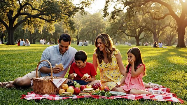 A joyful multi-generational family enjoys a delightful summer picnic outdoors in a vibrant green park, sharing food and laughter under the warm afternoon sun, creating cherished memories together.