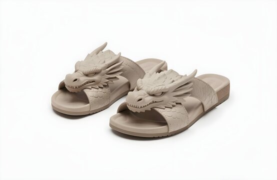 Cozy and comfortable dragon plush slippers on isolated background