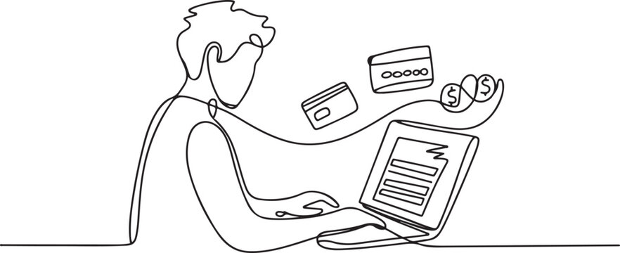 One continuous line drawing of Freelancer filling invoice, distance job payroll, money transfer online, remote and work payment concept. one line art icon drawing vector