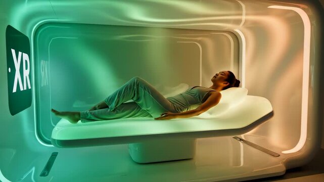 person relaxing inside chromatherapy sleep pod shifting colored led walls ergonomic mattress ambient blue magenta lighting serene music cues deep rest mood regulation experiment