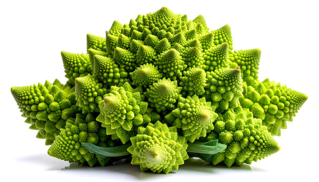 Romanesco Broccoli Close-Up &mdash; Fresh Fractal Cauliflower Head on White Background, Fibonacci Spiral Pattern, Macro Produce Photo for Recipes, Packaging & Culinary Use