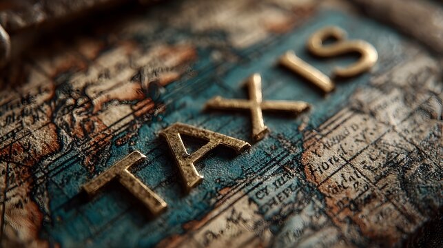 Gold colored three dimensional letters spelling out  TAXIS  are artfully arranged on a detailed vintage world map representing concepts of international finance revenue collection and economic policy