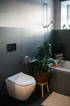 Modern Bathroom with Wall-Mounted Toilet and Bidet Shower