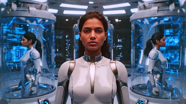 sleek android prototype stands amid cloning pods humanlike female android in white suit framed by cylindrical glass chambers, mirrored duplicates, blue clinical lighting, diagnostic