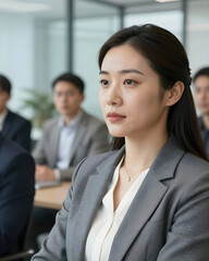 Confident young professional woman looking directly at camera in a modern corporate office, conveying leadership, competence and calm focus suitable for business, corporate profile and leadership 