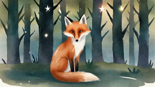 Handgemalte Aquarell-Illustration eines sitzenden Fuchses im Wald