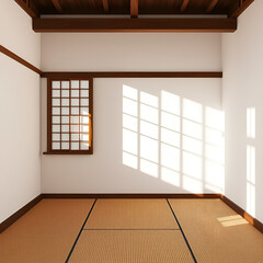 Empty Japanese style room with tatami mat floor, wood shoji window in sunlight, grills shadow on white wall for East Asian interior design decoration, architecture, product display background 3D