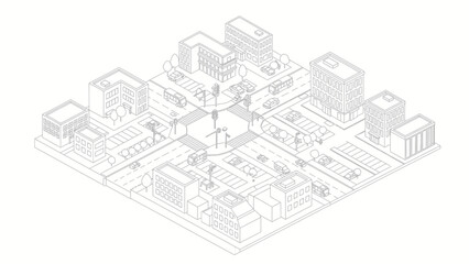 Isometric city map with buildings and streets in a minimalist line art style. © Ndog