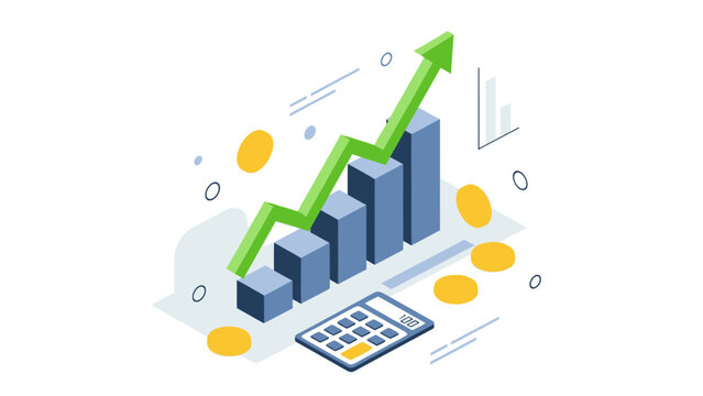 Isometric Business Growth Chart with Calculator and Coins.