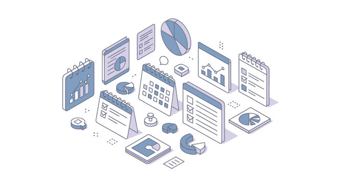 Isometric business planning and data analysis icons collection.