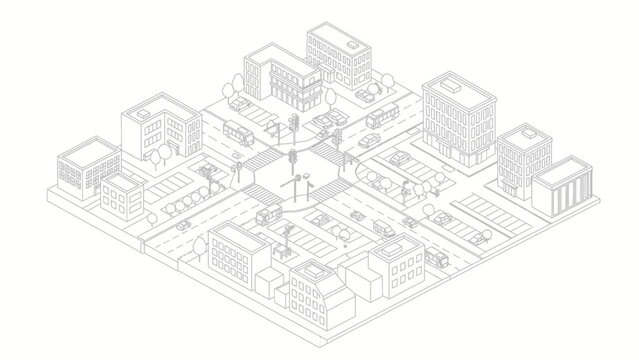 Isometric city map with buildings and streets in a minimalist line art style.