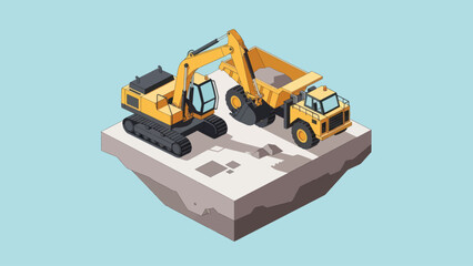 Isometric Construction Site with Excavator and Dump Truck Working Together. © Ndog