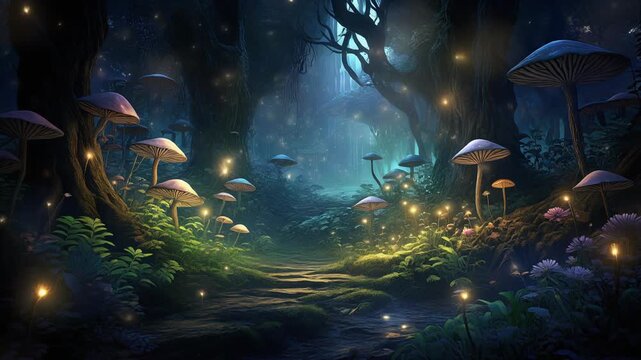 Sanft fliegende Gl&uuml;hw&uuml;rmchen in m&auml;rchenhaftem Fantasy Wald mit Pilzen