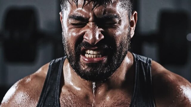 Sweaty bearded man grimacing with intense effort during a challenging workout in a gym