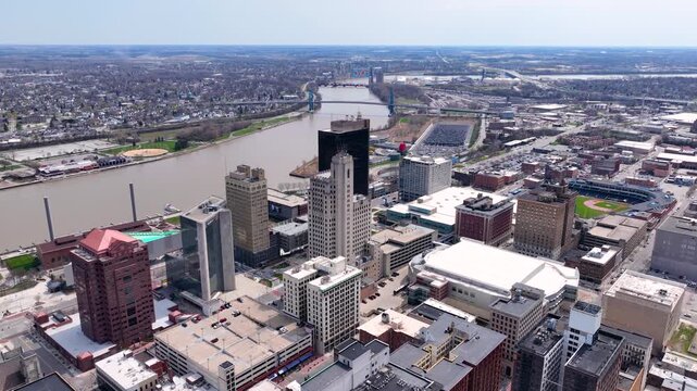 Toledo modern city skyline aerial view at Maumee River, including Promenade Park, Promedica headquarter, PNC Bank Building and Tower of the Maumee, city of Toledo, Ohio OH, USA. 