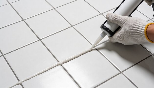A gloved hand expertly applies white sealant from a caulk gun along the clean grout lines of white square tiles, showcasing a common home improvement or construction task.