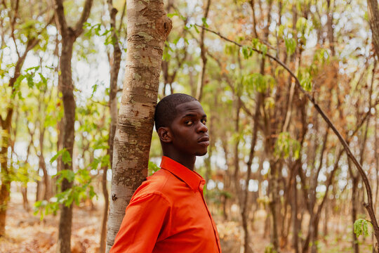 Portrait of young black man leaning on a tree
