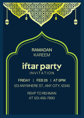 Ramadan Kareem Iftar Party Invitation &ndash; Elegant Islamic Lantern and Geometric Pattern Design