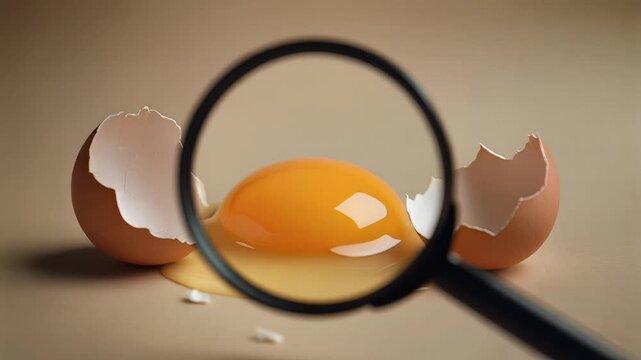 Cracked egg yolk viewed through a magnifying glass, slow motion, cinematic lighting, symbolizing discovery and examination