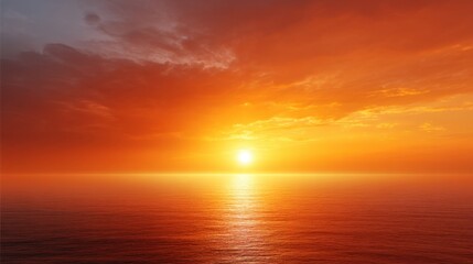 Fototapeta premium Vibrant Sunset over Calm Ocean Water with Colorful Sky and Soft Waves Reflecting Warm Tones of Orange, Yellow, and Red in Tranquil Atmosphere