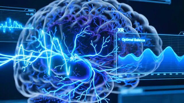 brain scan shows intense neural activity with glowing red cortex, electric blue neuronal currents, eeg waveform overlays, pulse spikes and data mapping across neural network