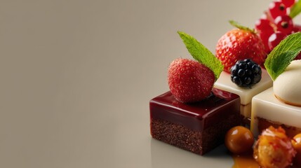 Exquisite Assortment of Chocolate and Berry Desserts on Smooth Background with Garnishes and Elegant Presentation