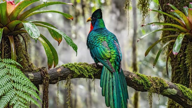 A beautiful Resplendent Quetzal bird perched on a mossy branch