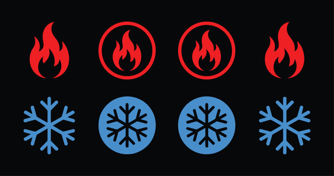 Fire and snowflake temperature icon vector illustration, hot and cold settings symbol for climate control, heating, cooling, thermostat systems, weather indicators, and modern UI design