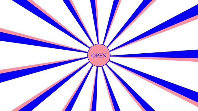 Sunburst, radial, sun light, circus, stripe background rotation motion. Digital banner animation Open text bule ,rad and sunburst pattern black and white animation.