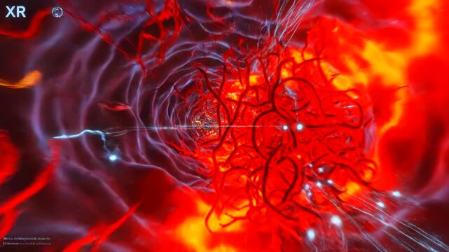 Bright blue and orange energy vortex with shimmering filament effects, Luminous plasma pathway featuring streaks of electricity and glowing fiery filaments around radiant core