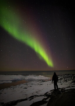 A man watches auroras over Greenlandic landscape