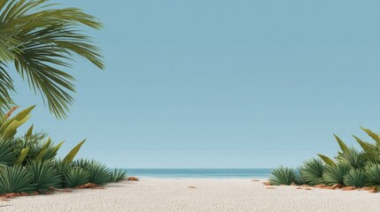 Fototapeta premium Serene Tropical Beach Scene with Lush Greenery, Clear Blue Sky and Calm Ocean Waves, Perfect for Relaxation and Vacation Inspirations