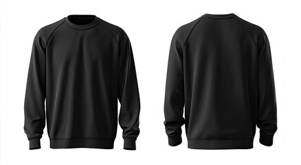Front and back views of a plain black sweatshirt, isolated on a white background