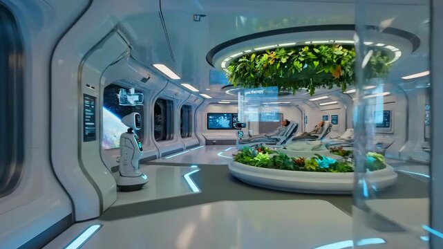 clean research corridor with hydroponic nursery bays and robotic assistants, panoramic space window revealing nebula, clinical lighting, regenerative agriculture and automated maintenance