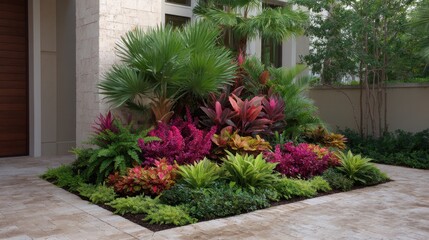 Lush Tropical Garden Landscape with Vibrant Foliage and Colorful Plants Surrounding a Modern Home Entrance